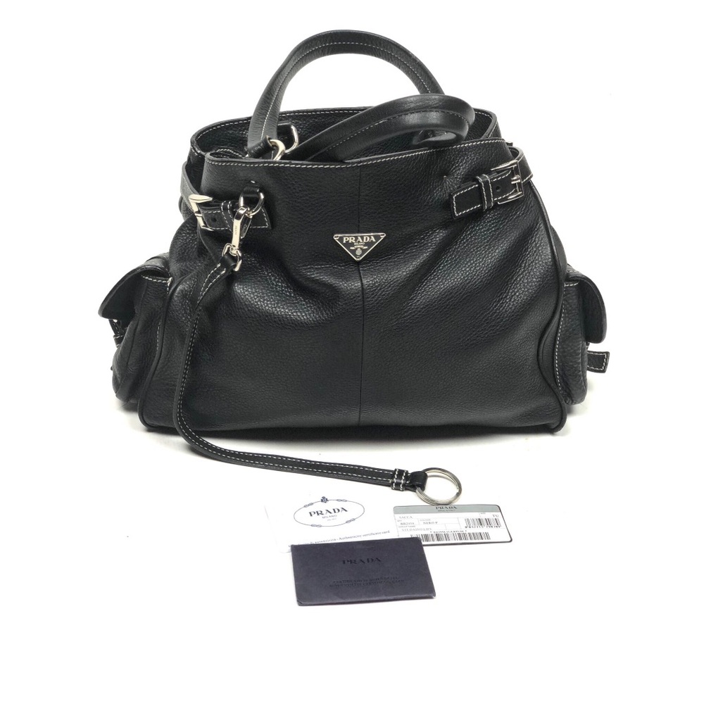 Prada Black Pebbled Leather Shoulder Bag with Silver-Tone Hardware